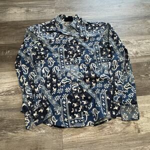 Roughrider By Circle Paisley Horses Pearl Snap Blue White Womens S Western Shirt